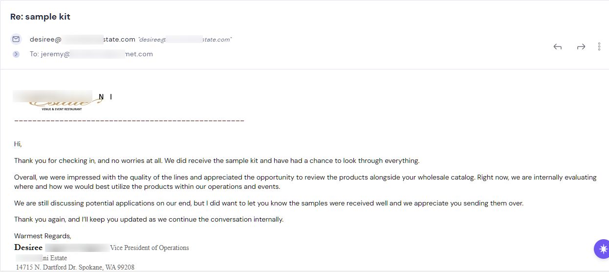 Retailer reply from CMJJ Gourmet